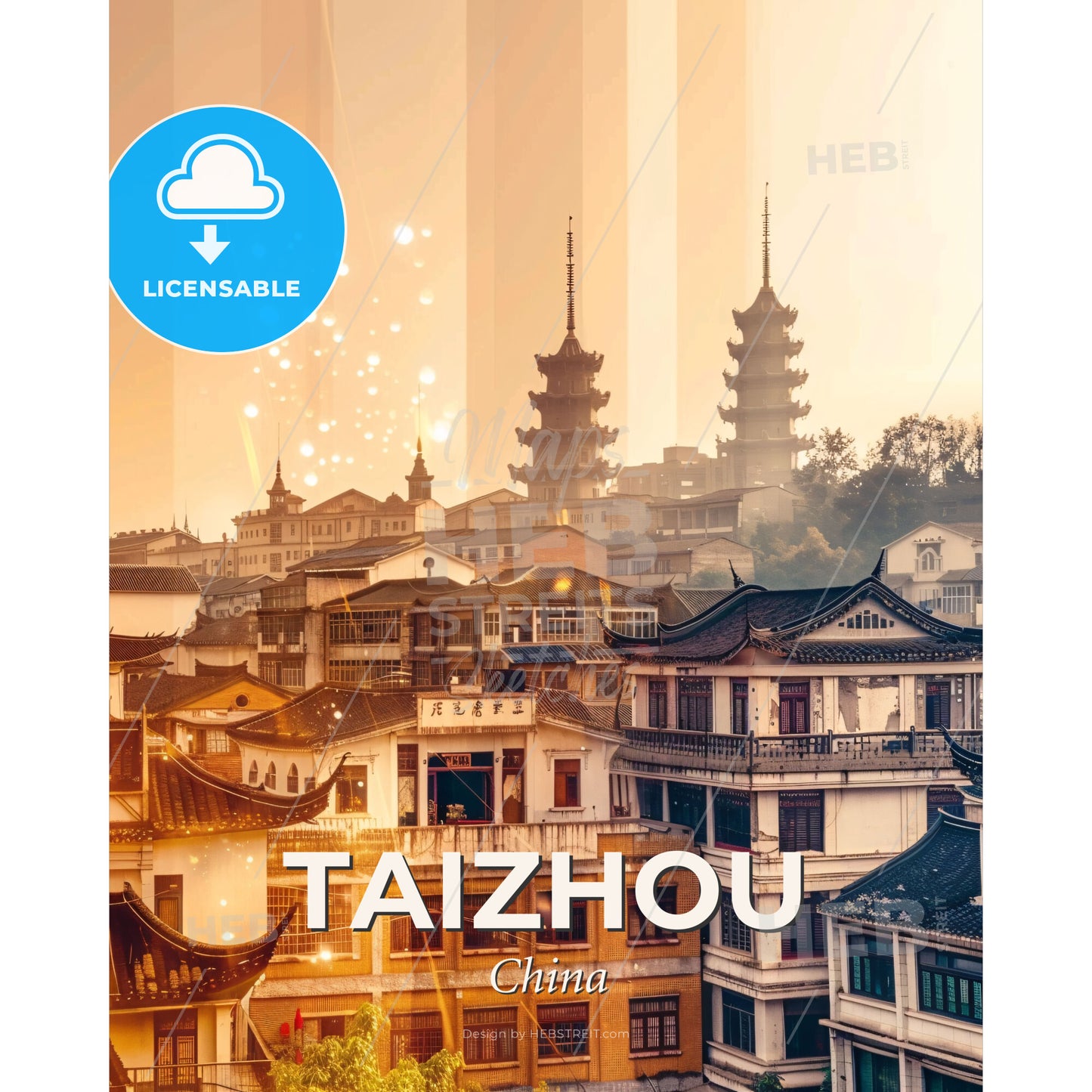Taizhou Cityscape Double Exposure Art - A city with buildings and fireworks - Square format print template