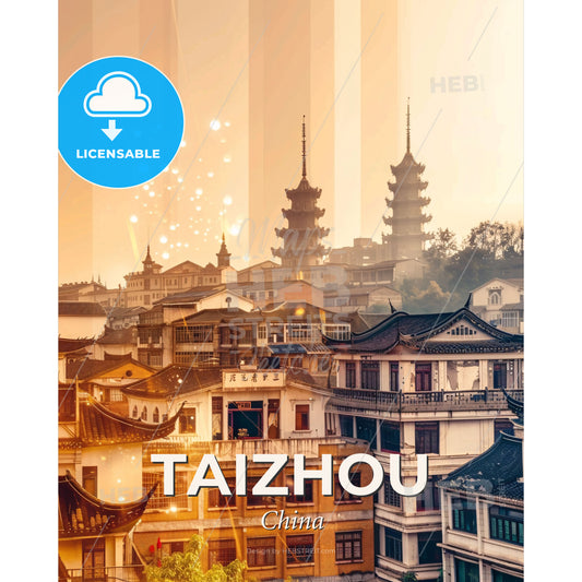 Taizhou Cityscape Double Exposure Art - A city with buildings and fireworks - Square format print template