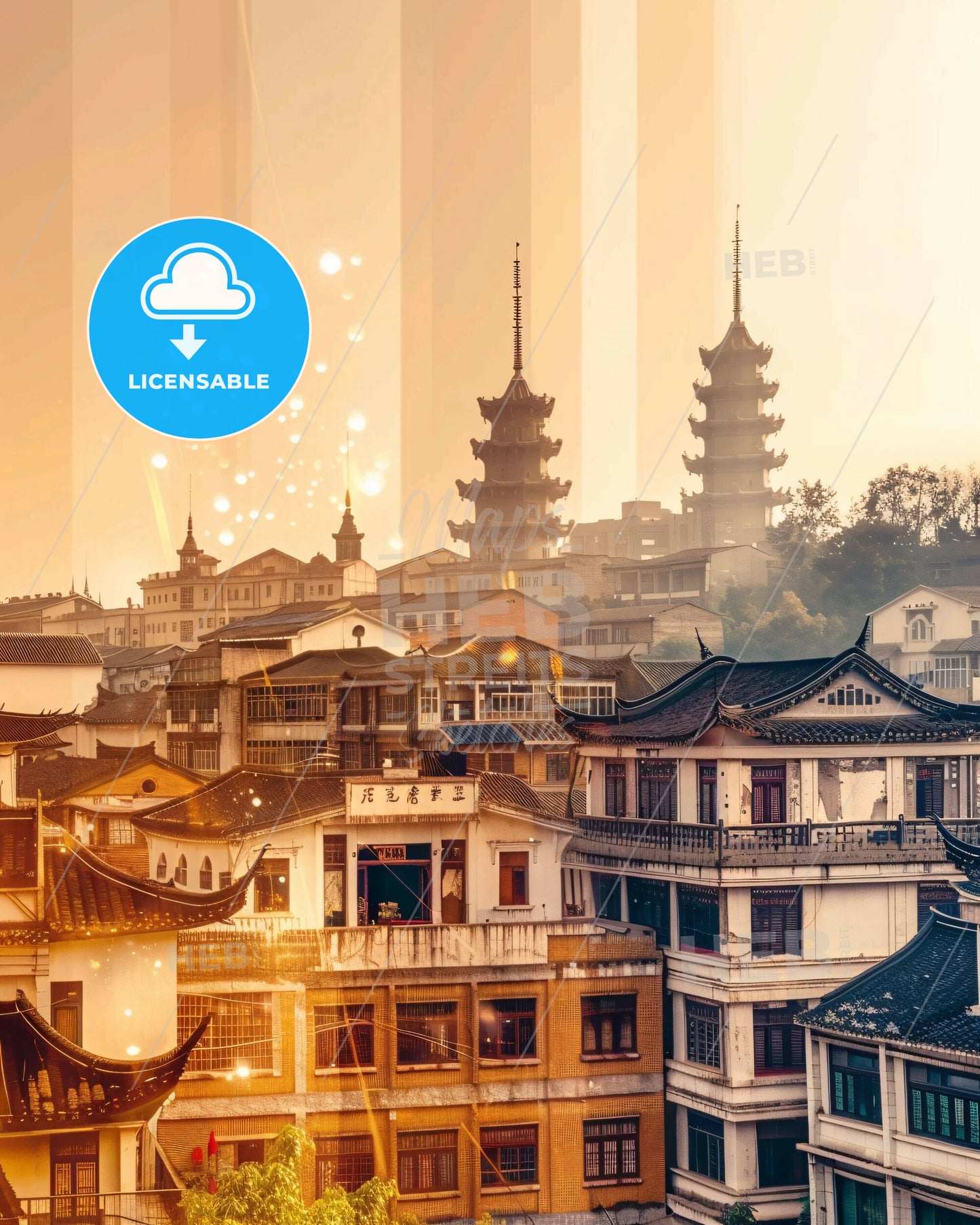 Taizhou Cityscape Double Exposure Art - A city with buildings and fireworks