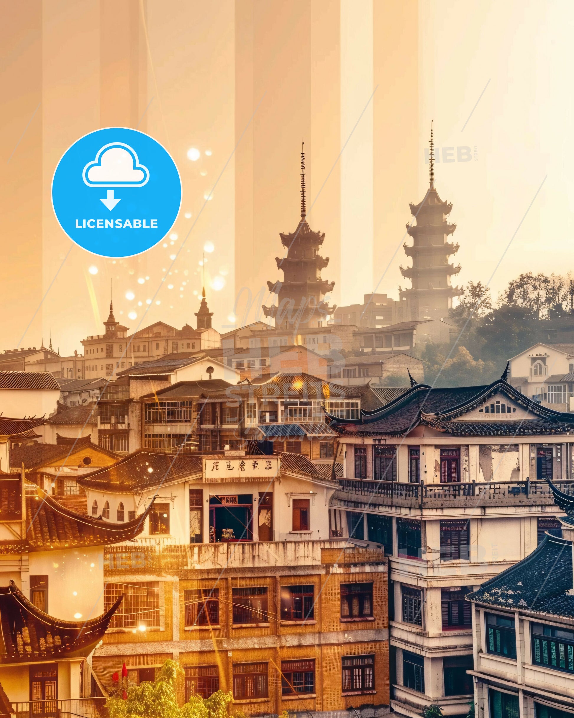 Taizhou Cityscape Double Exposure Art - A city with buildings and fireworks