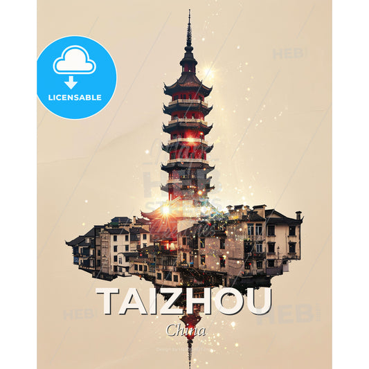Taizhou Skyline Icon Double Exposure Art - A building with a tower - Square format print template