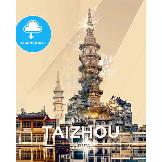 Taizhou Skyline Composite Art, Bright Beige, Minimalist Sparkles - A city with a tall tower - Square format print template