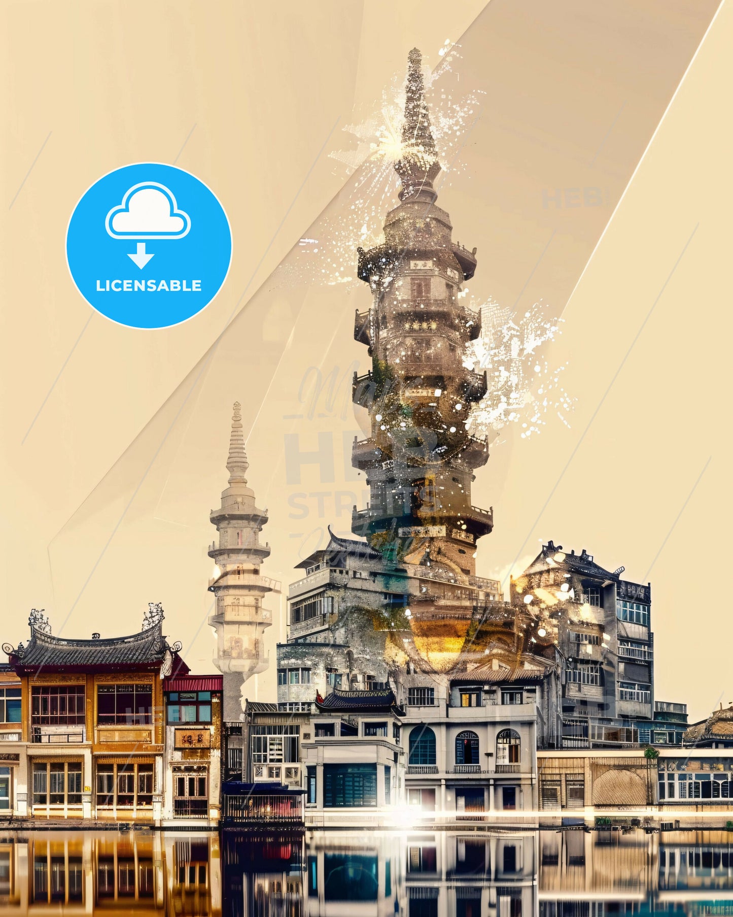 Taizhou Skyline Composite Art, Bright Beige, Minimalist Sparkles - A city with a tall tower