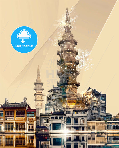 Taizhou Skyline Composite Art, Bright Beige, Minimalist Sparkles - A city with a tall tower