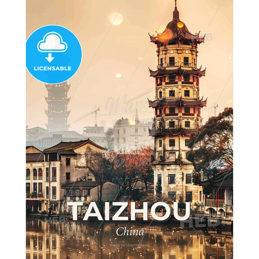 Taizhou Skyline Tapestry of Icons - A tall tower next to a body of water - Square format print template