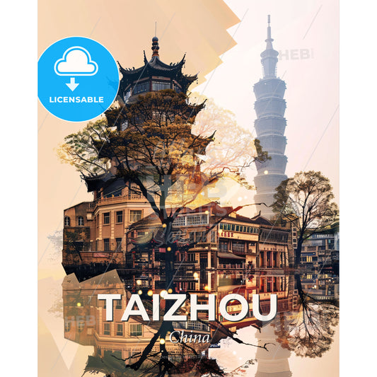 Taizhou China Skyline Modern Composite Art - A cityscape with a tall building and a tree - Square format print template