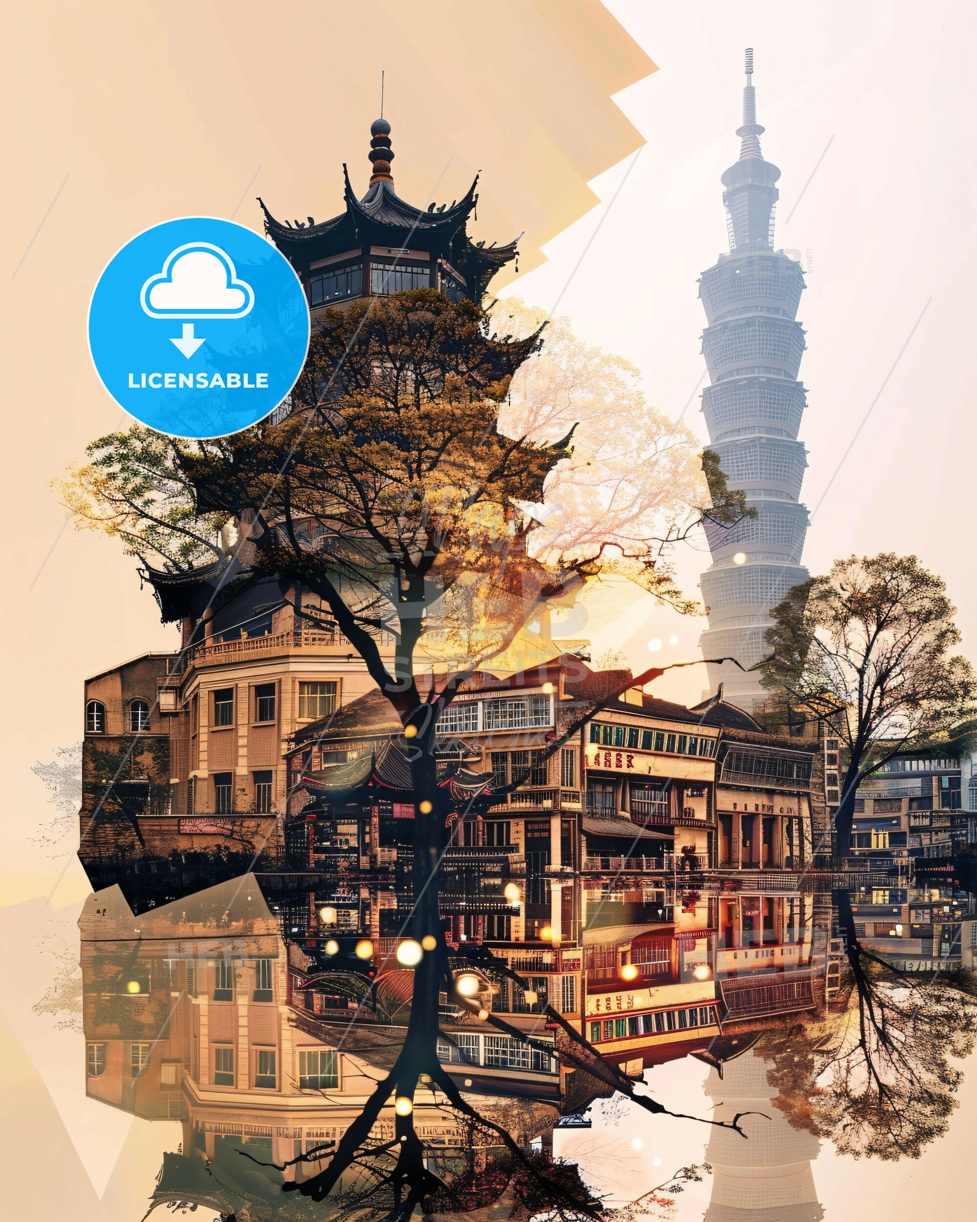 Taizhou China Skyline Modern Composite Art - A cityscape with a tall building and a tree