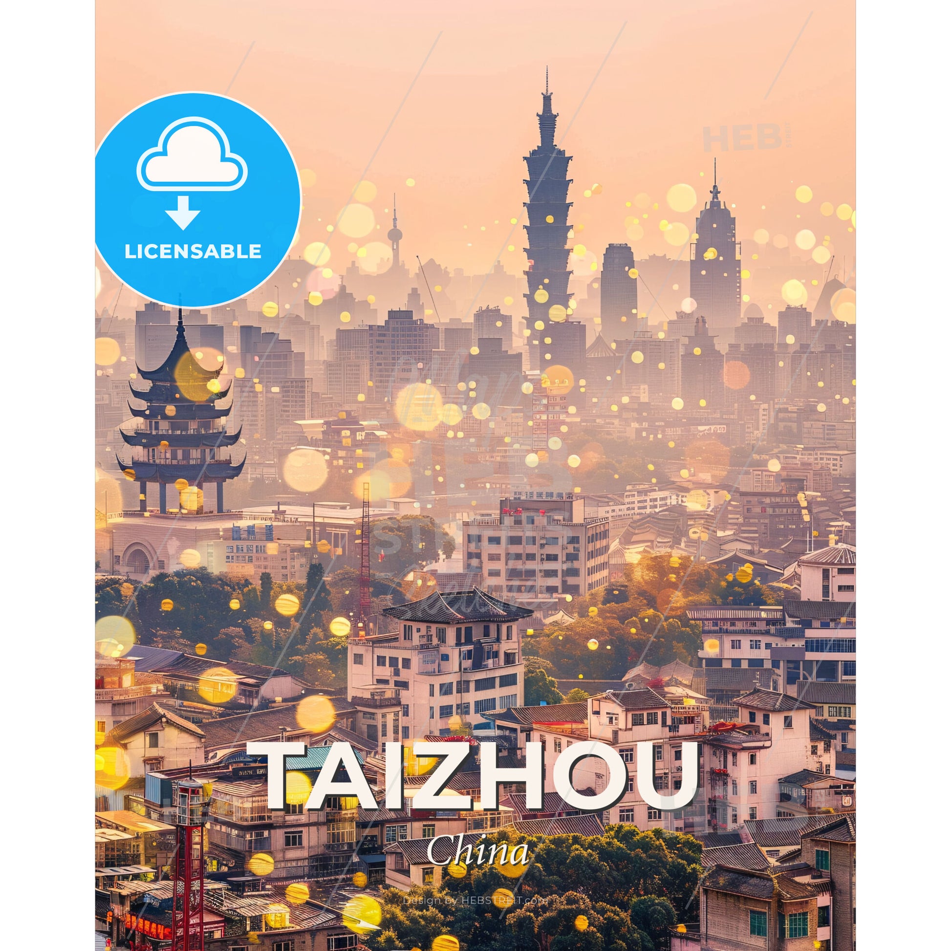Taizhou City Skyline Double Exposure Art - A city with many buildings and a tower - Square format print template