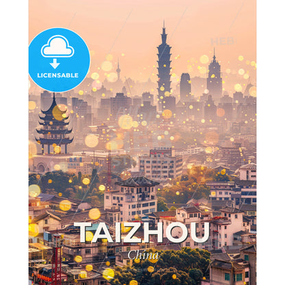 Taizhou City Skyline Double Exposure Art - A city with many buildings and a tower - Square format print template