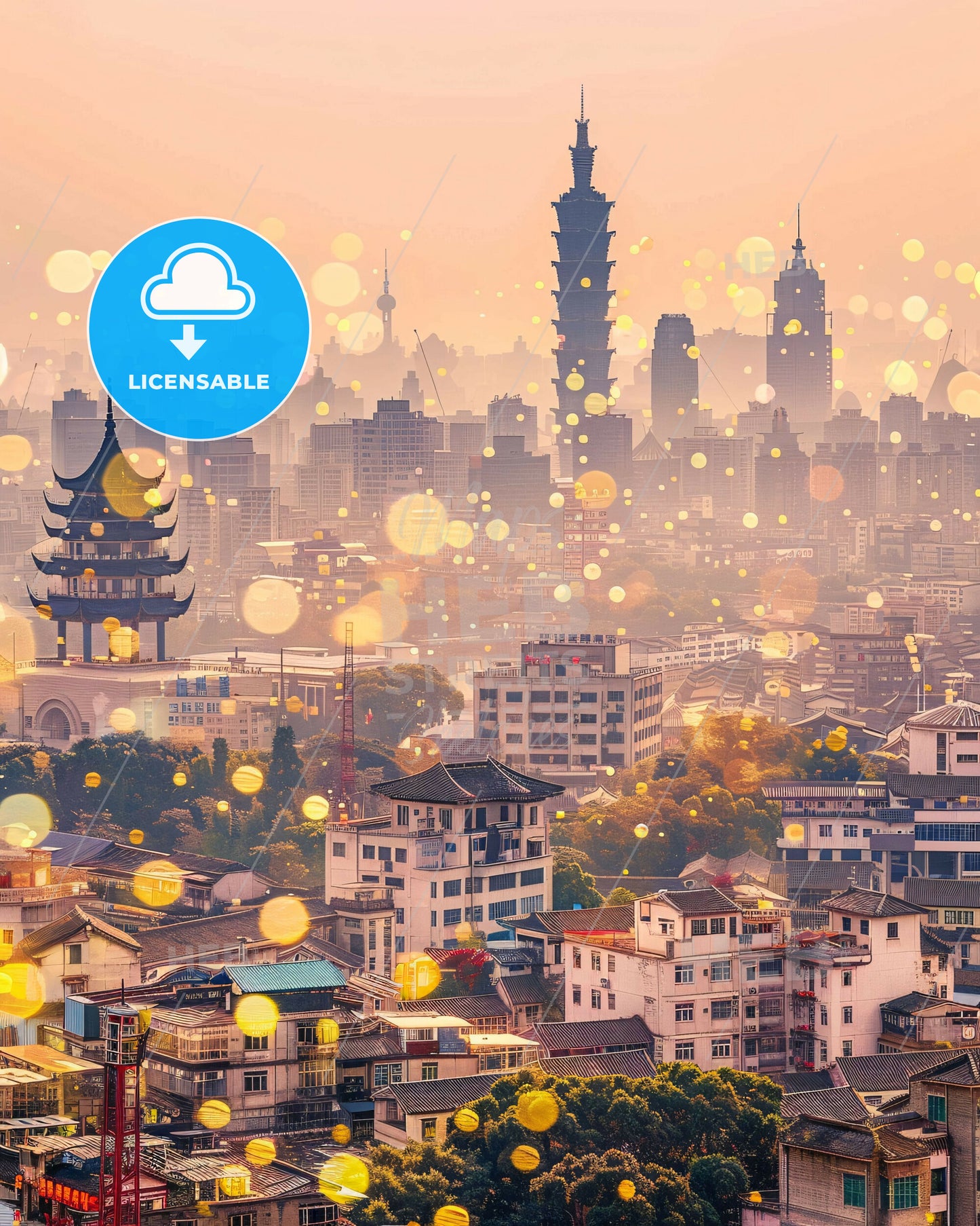 Taizhou City Skyline Double Exposure Art - A city with many buildings and a tower