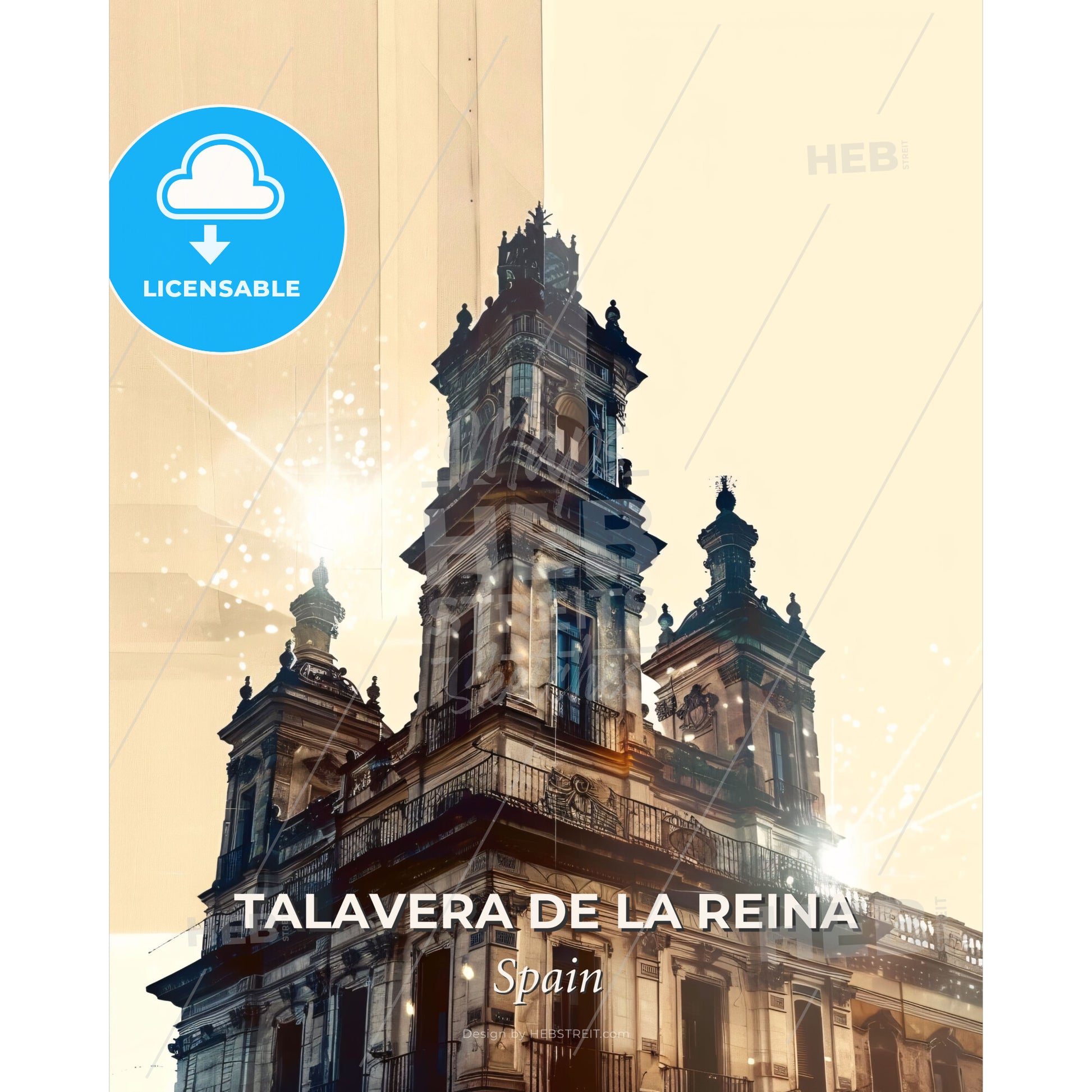 Talavera Panorama Double Exposure Skyline Art Poster - A building with a tower - Square format print template