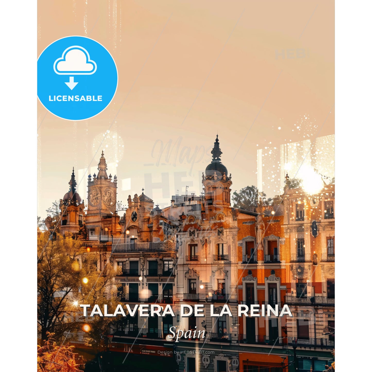 Talavera de la Reina Skyline Poster: City Lights and Icons - A group of buildings with trees and lights - Square format print template