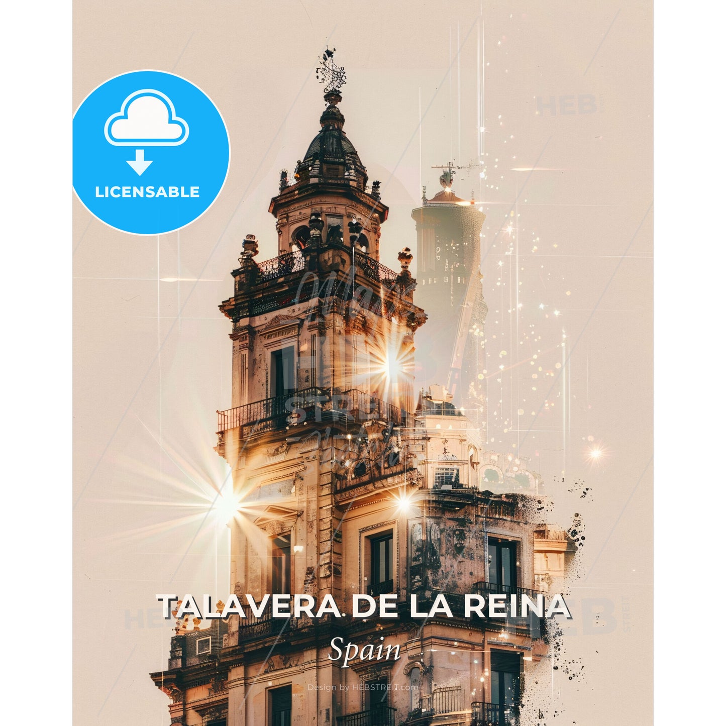 Talavera de la Reina Skyline Double Exposure Art Print - A building with a tower and lights - Square format print template