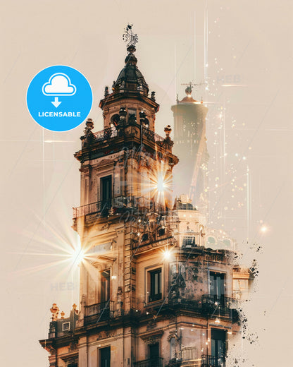 Talavera de la Reina Skyline Double Exposure Art Print - A building with a tower and lights