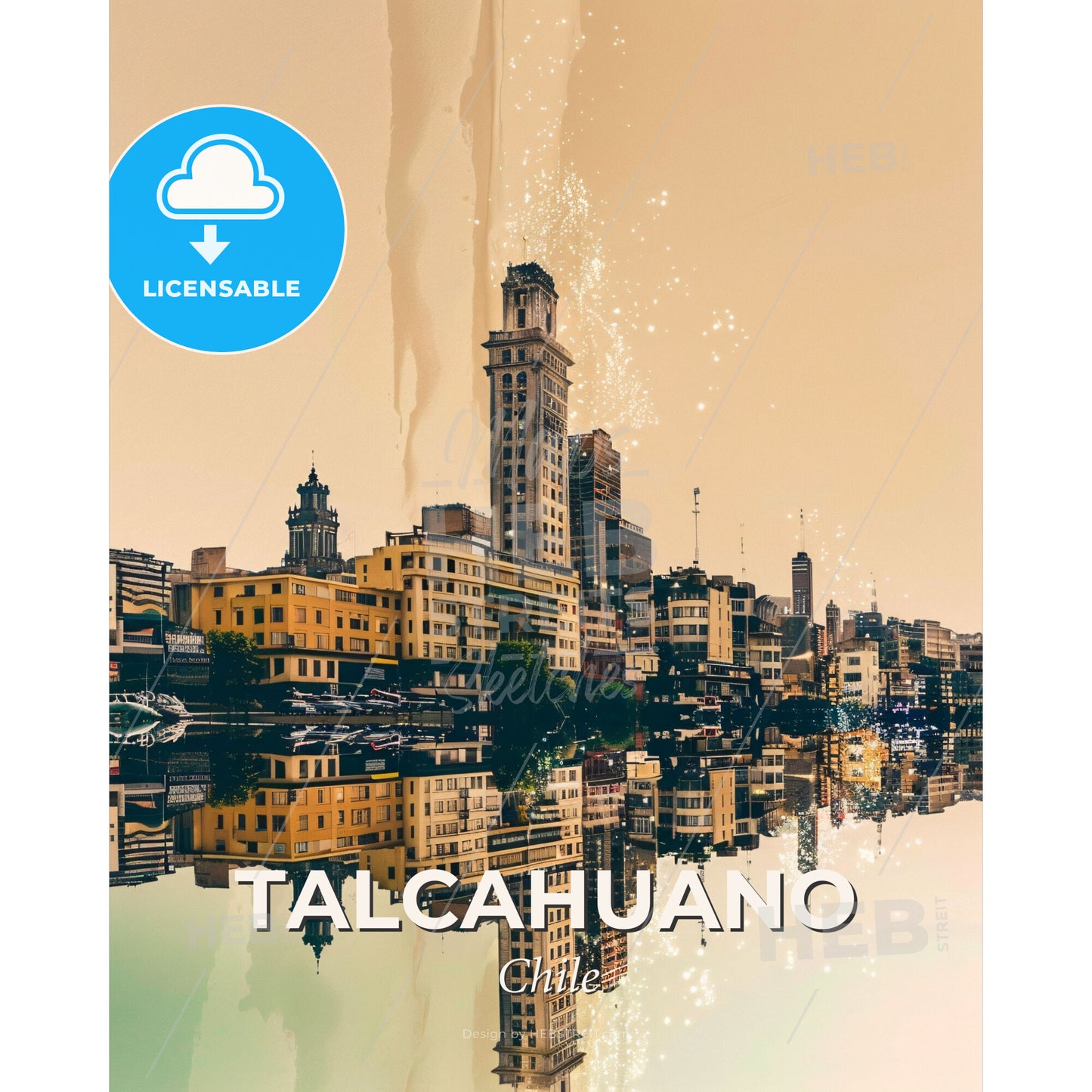 Talcahuano Skyline Art Poster - A city with many buildings reflected in water - Square format print template