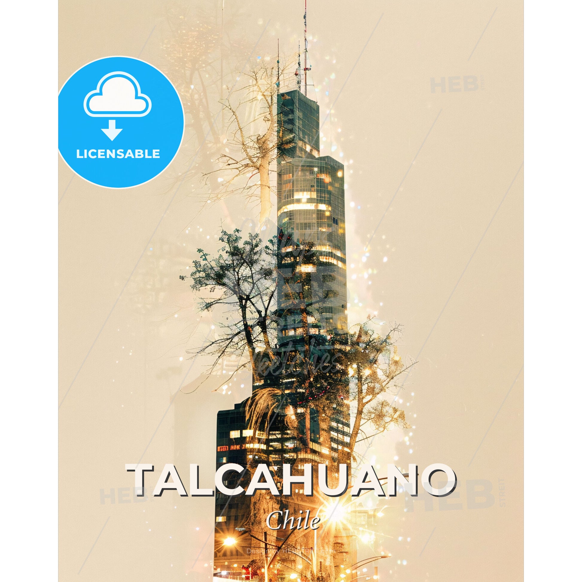 Talcahuano City Skyline Art Deco - A tall building with a tree in the middle - Square format print template