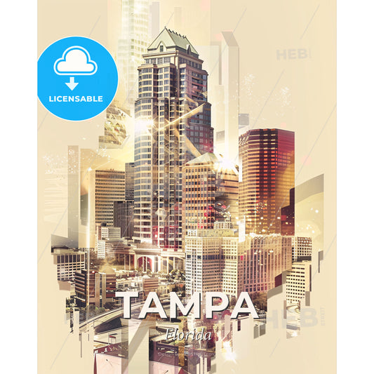 Tampa Cityscape Skyline Composite Art Poster - A city skyline with many tall buildings - Square format print template