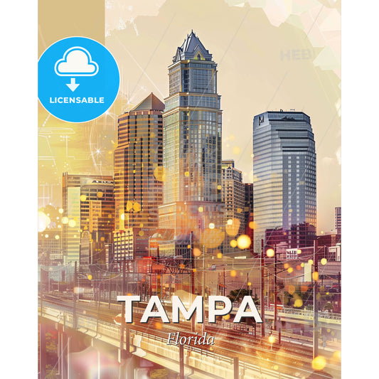 Tampa Cityscape Double Exposure Symphony - A city with many tall buildings - Square format print template