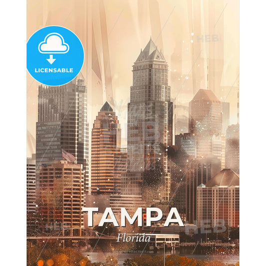 Tampa Cityscape Art Deco Sparkle Panorama - A city skyline with many tall buildings - Square format print template
