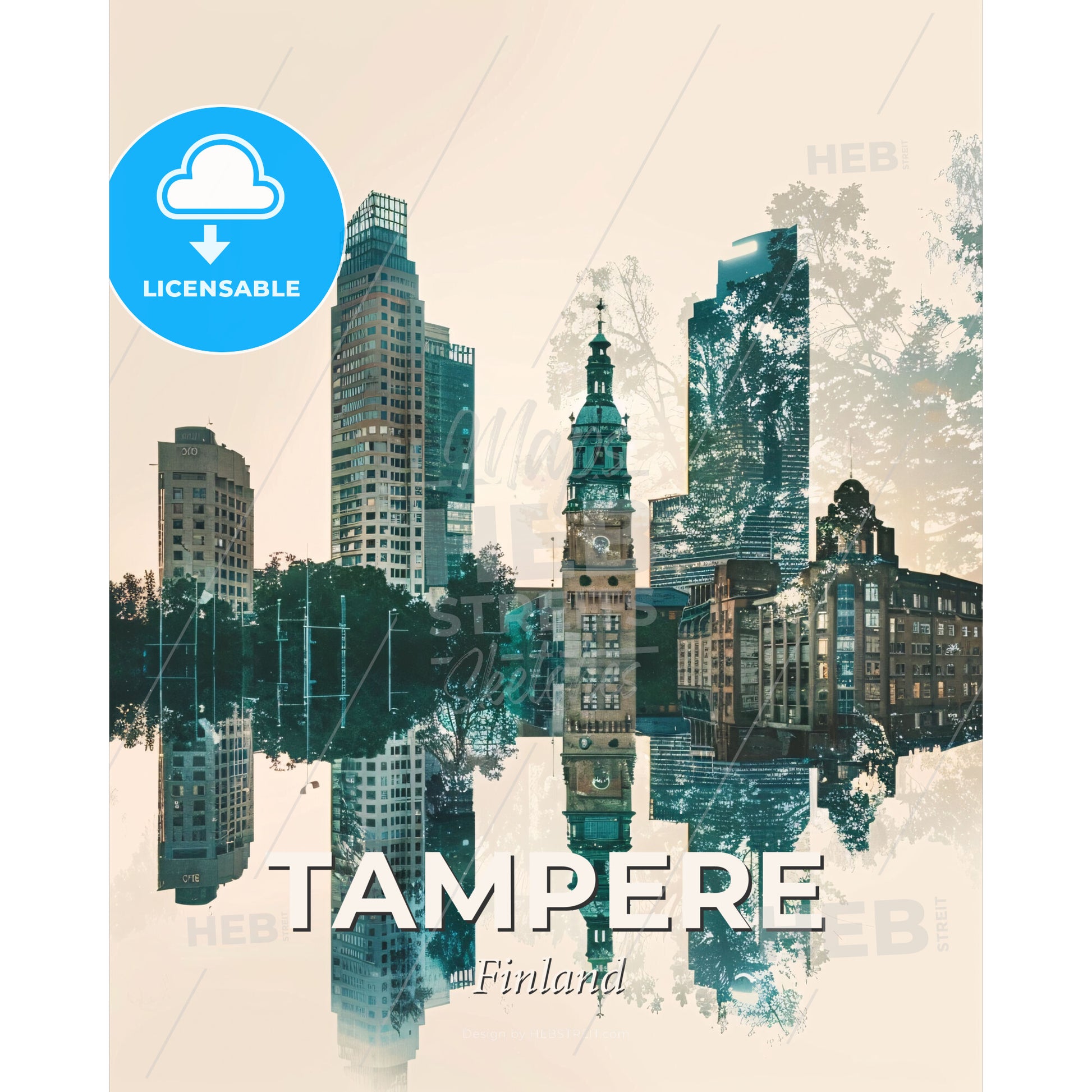 Tampere Skyline Poster Art - Turquoise Green Beige - A city with tall buildings and trees reflected in water - Square format print template