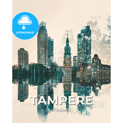Tampere Skyline Poster Art - Turquoise Green Beige - A city with tall buildings and trees reflected in water - Square format print template