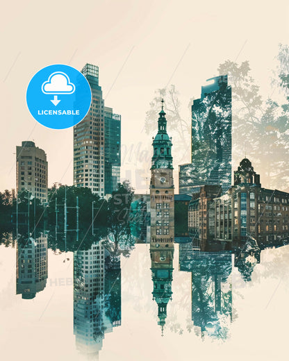 Tampere Skyline Poster Art - Turquoise Green Beige - A city with tall buildings and trees reflected in water