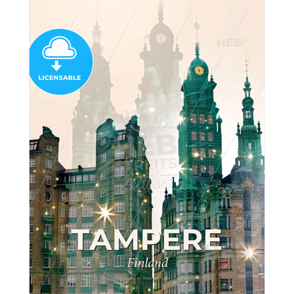 Tampere Skyline City Lights Poster Design - A group of buildings with a clock on top - Square format print template