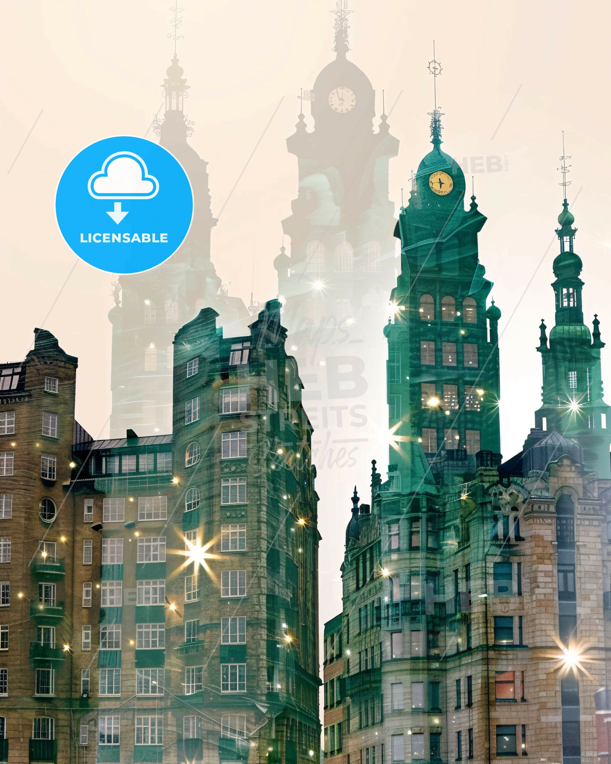 Tampere Skyline City Lights Poster Design - A group of buildings with a clock on top