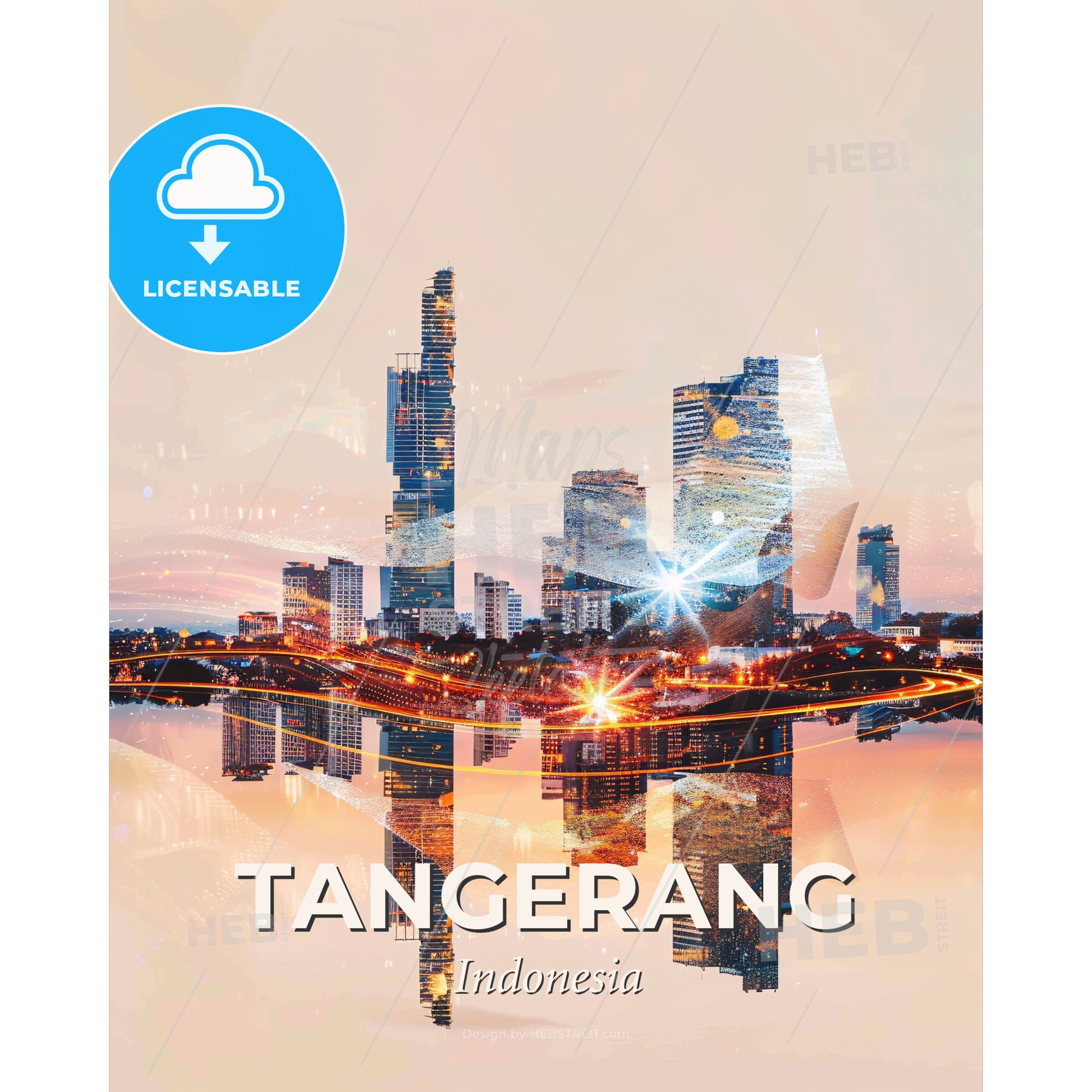 Tangerang City Skyline Double Exposure Poster - A city skyline with lights reflecting on water - Square format print template