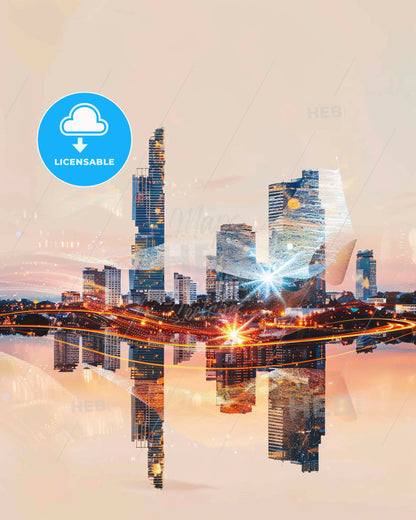Tangerang City Skyline Double Exposure Poster - A city skyline with lights reflecting on water