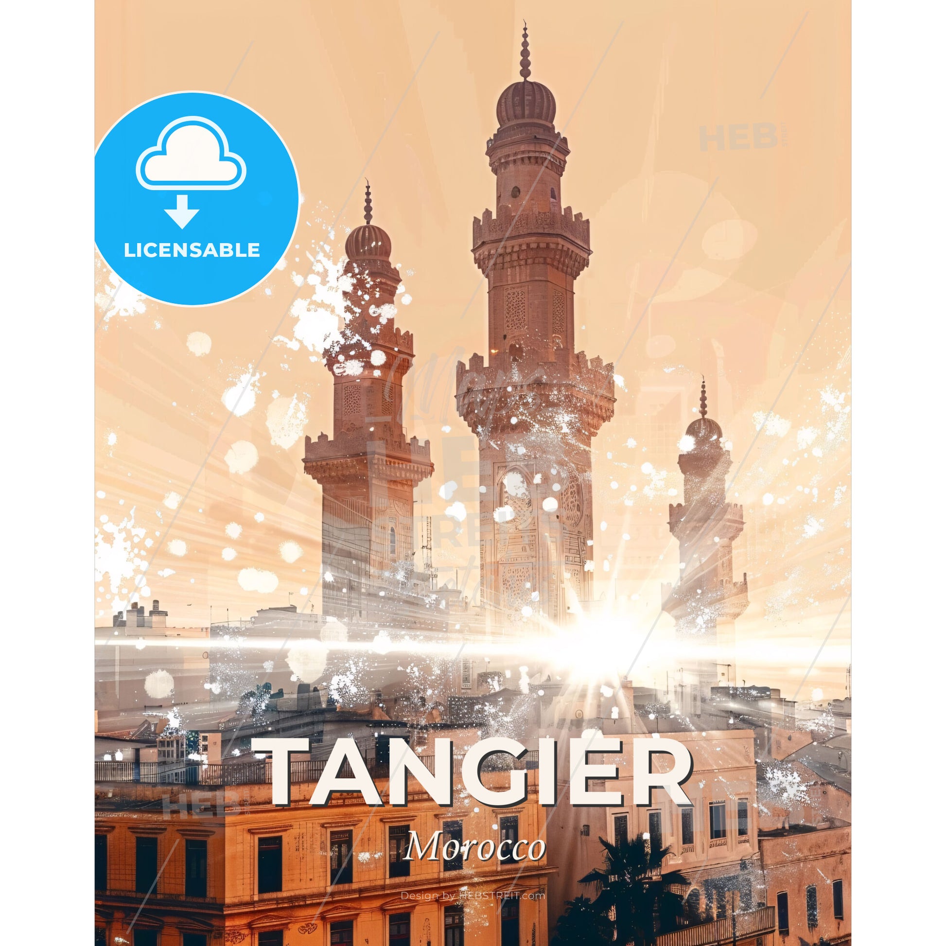 Tangier Skyline Poster: Moroccan Architecture and Charm - A large tower with towers and a light burst - Square format print template