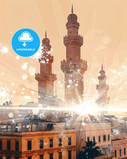 Tangier Skyline Poster: Moroccan Architecture and Charm - A large tower with towers and a light burst