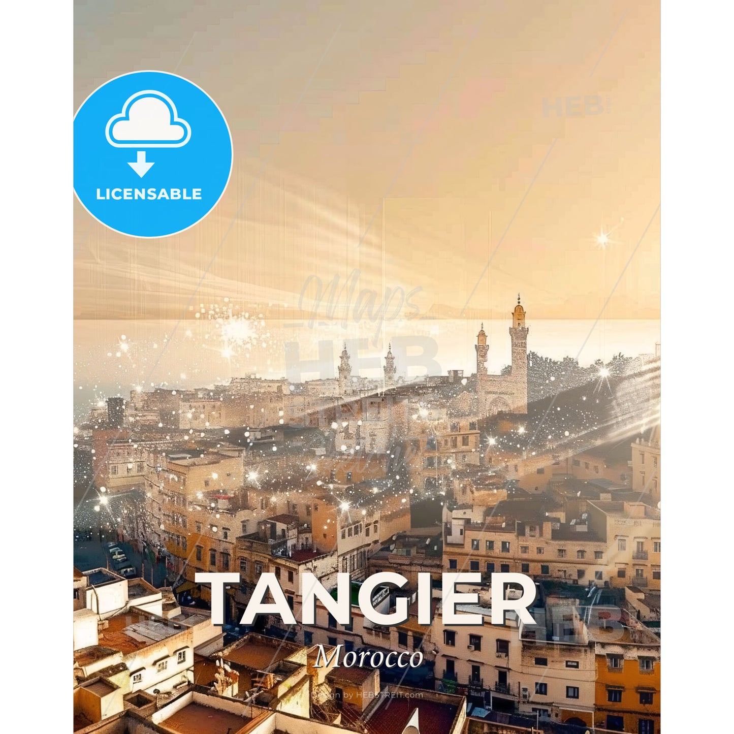 Tangier City Vibes Poster Bright Beige Backlight - A city with many buildings and a body of water - Square format print template