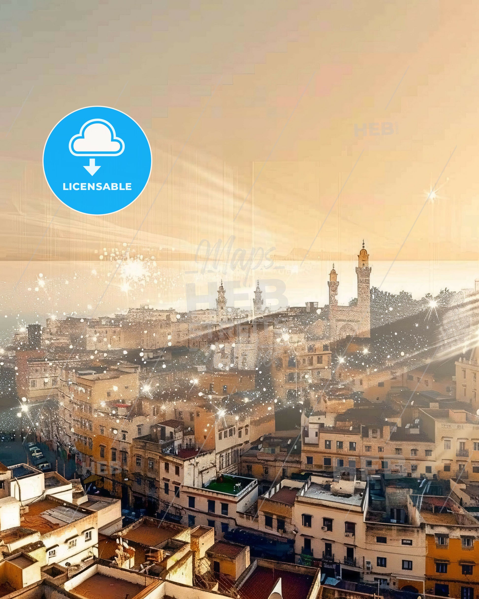 Tangier City Vibes Poster Bright Beige Backlight - A city with many buildings and a body of water
