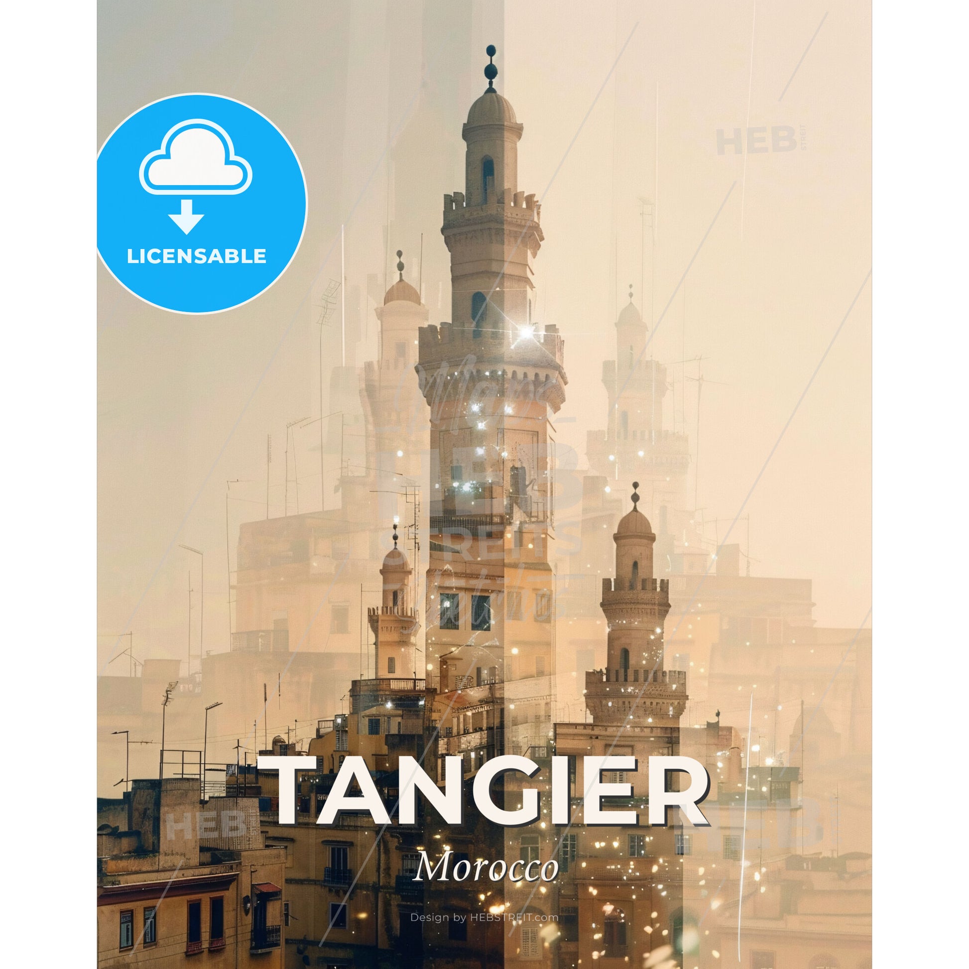 Tangier Morocco Art Deco Skyline Pastel Poster - A city with a tall tower - Square format print template