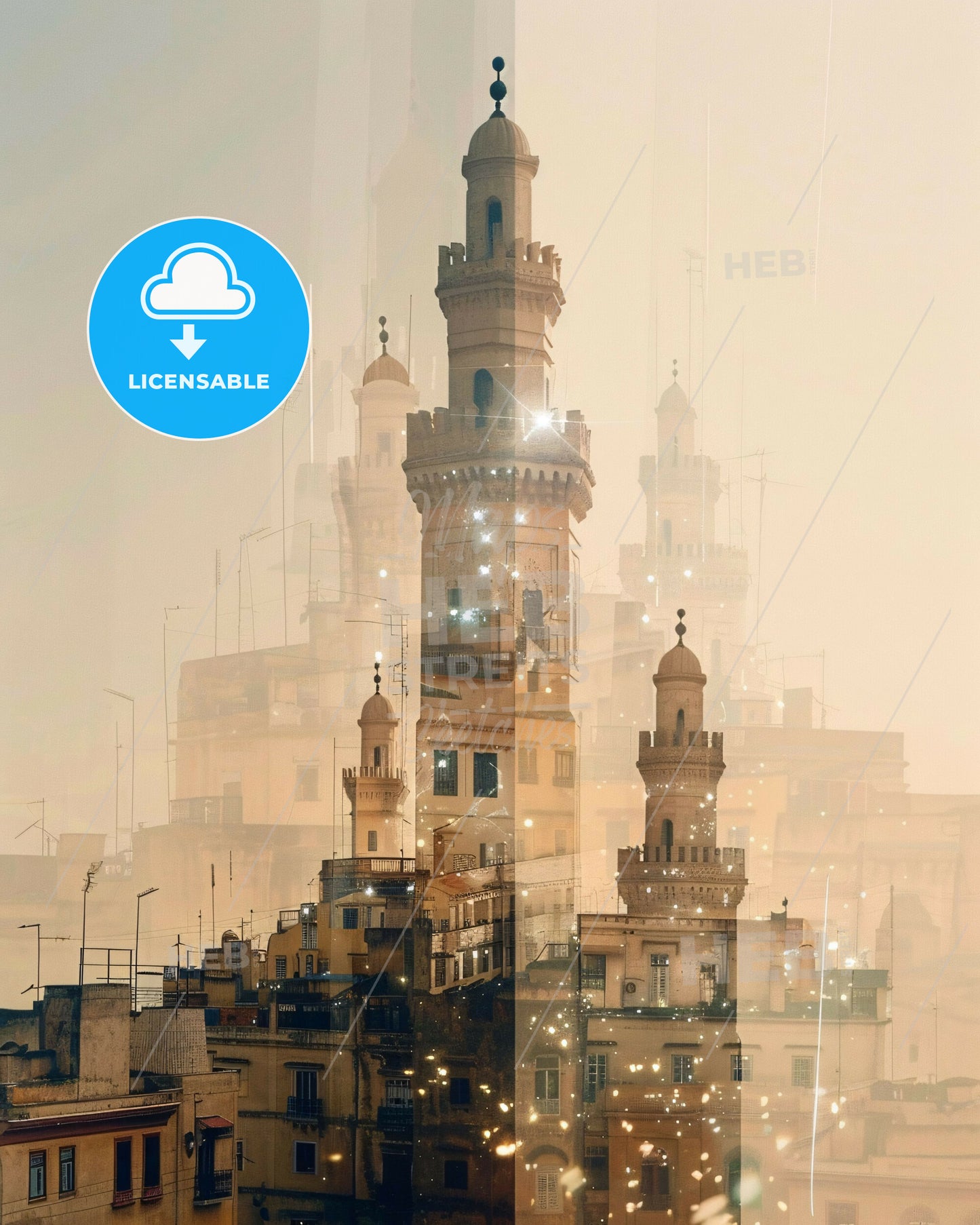 Tangier Morocco Art Deco Skyline Pastel Poster - A city with a tall tower