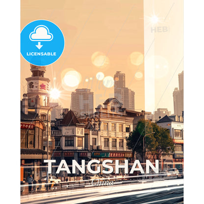 Tangshan Skyline Architectural Double Exposure Art - A city street with buildings and cars - Square format print template
