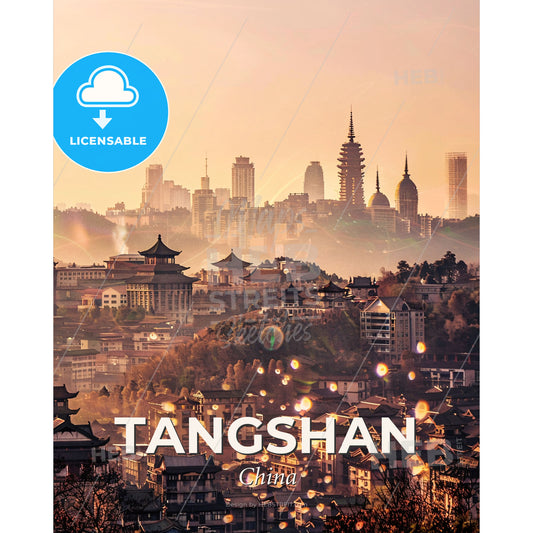 Tangshan Skyline Icons Composite Art Poster - A city with buildings and trees - Square format print template