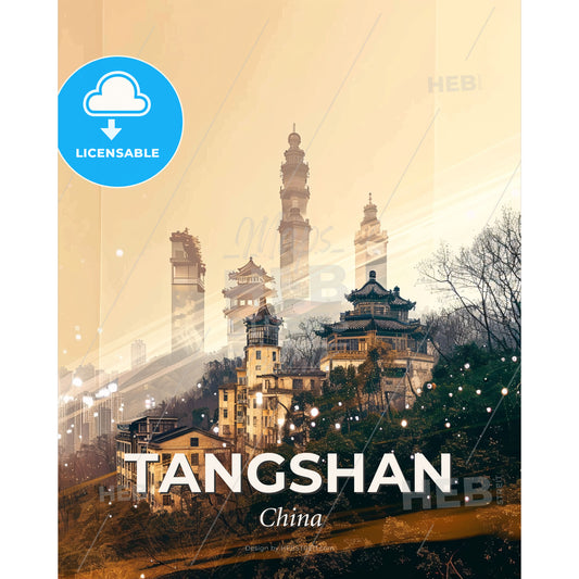 Tangshan Skyline Double Exposure Poster - A city with tall buildings and trees - Square format print template