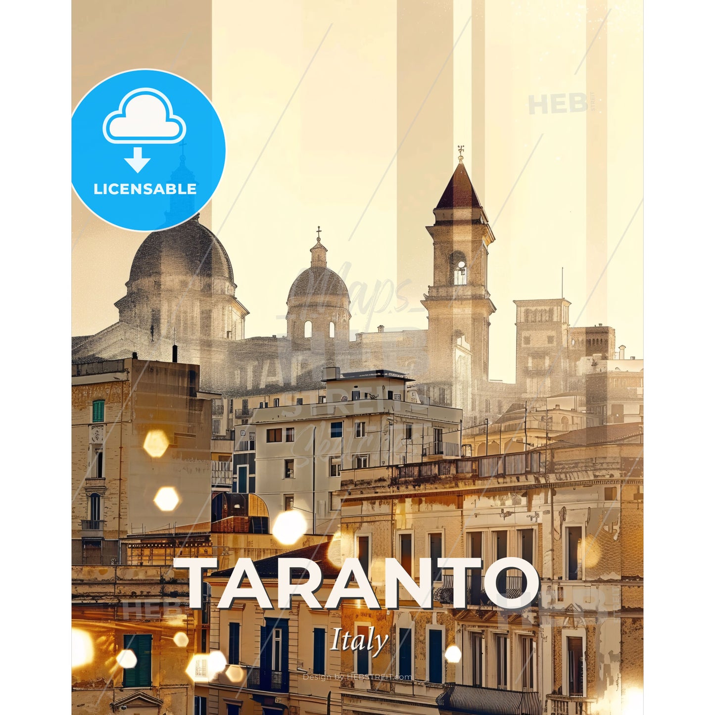 Taranto Skyline Poster: Double Exposure Art - A city with many buildings - Square format print template