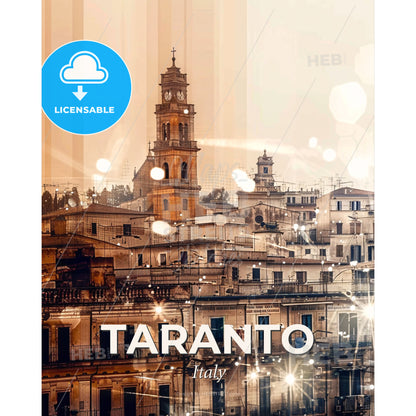 Taranto: Architectural Icons on Beige Canvas - A city with a clock tower - Square format print template