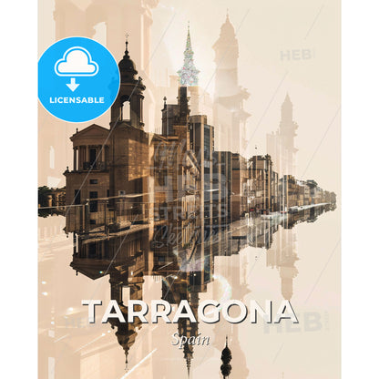 Tarragona Skyline Iconic Composite Art - A city with a reflection of buildings - Square format print template