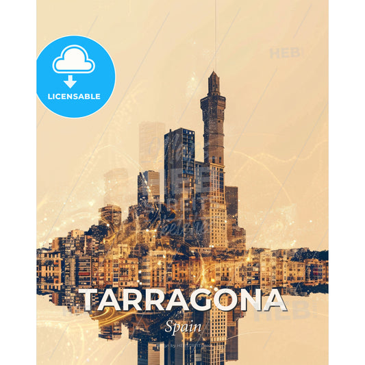Tarragona City Skyline Double Exposure Composite Design - A city with many tall buildings - Square format print template