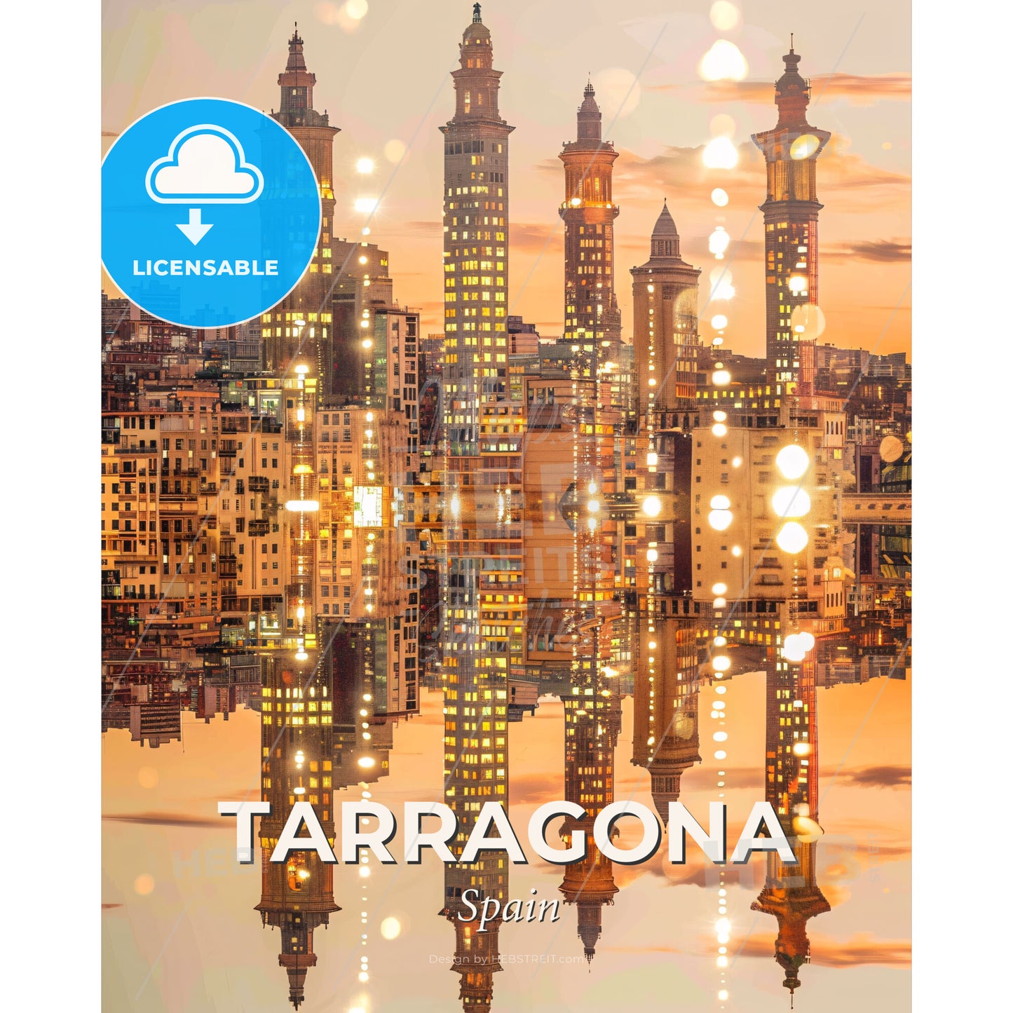 Tarragona Skyline Local Icons Art Poster - A city skyline with many tall buildings reflecting in water - Square format print template