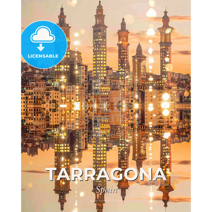 Tarragona Skyline Local Icons Art Poster - A city skyline with many tall buildings reflecting in water - Square format print template