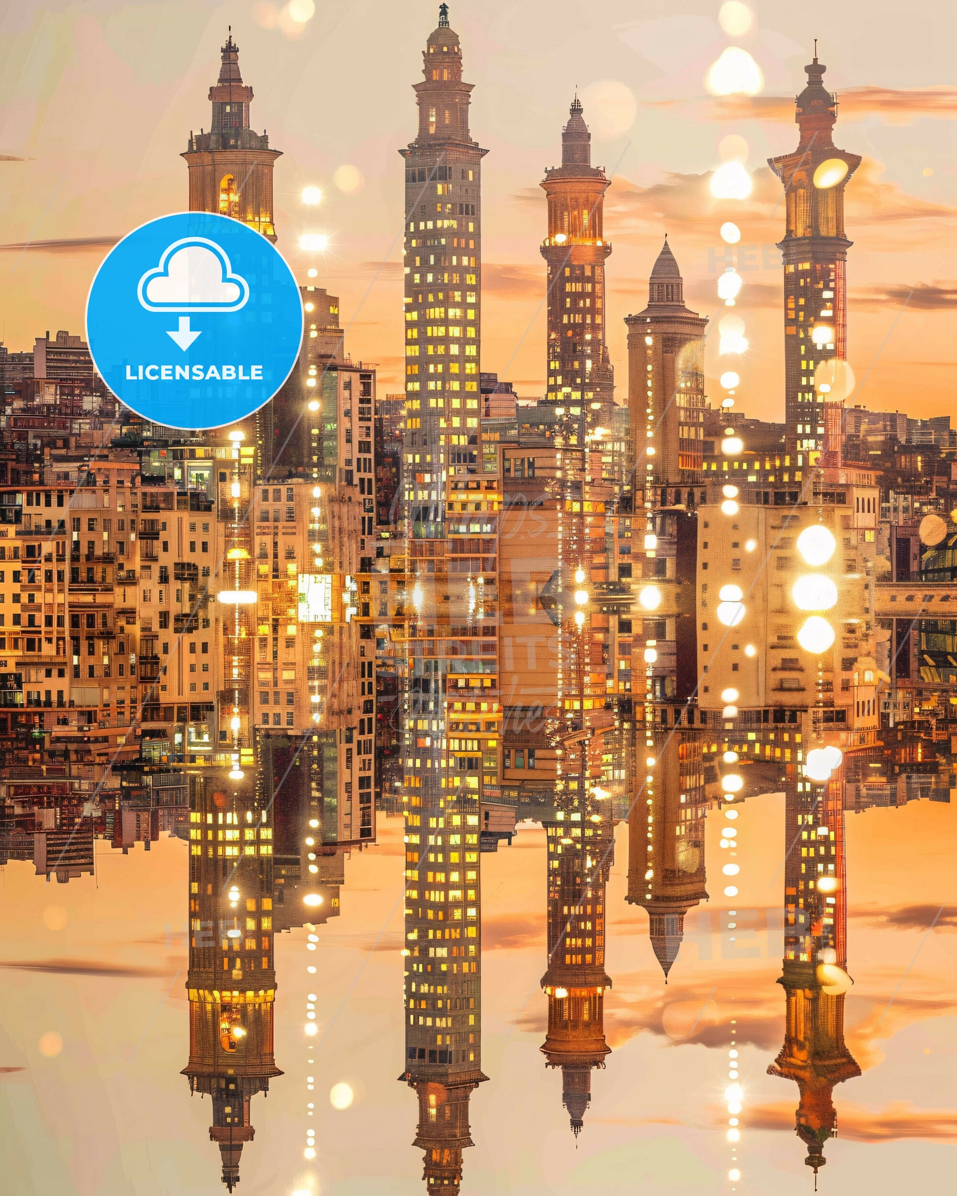 Tarragona Skyline Local Icons Art Poster - A city skyline with many tall buildings reflecting in water