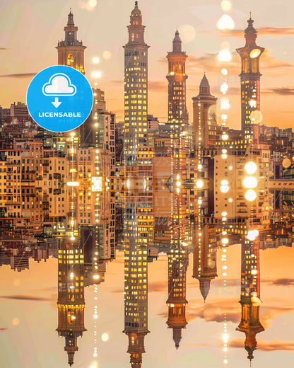 Tarragona Skyline Local Icons Art Poster - A city skyline with many tall buildings reflecting in water