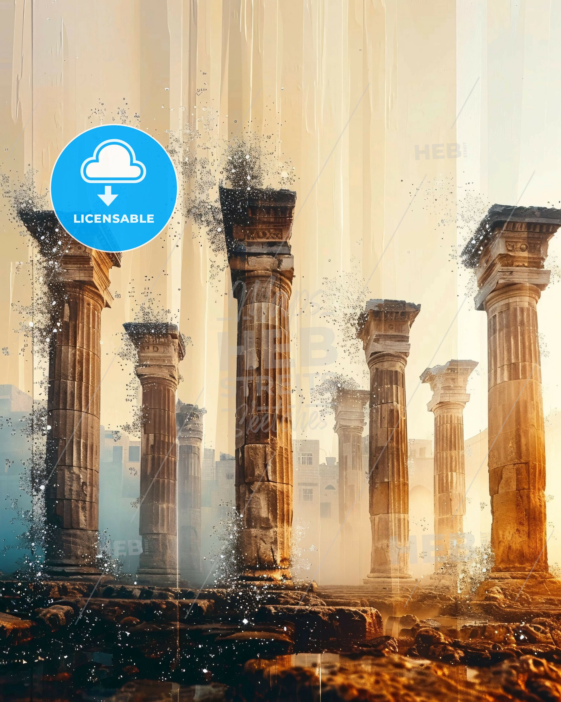 Tartus Skyline Minimalist Poster Beige - A group of pillars in a foggy area