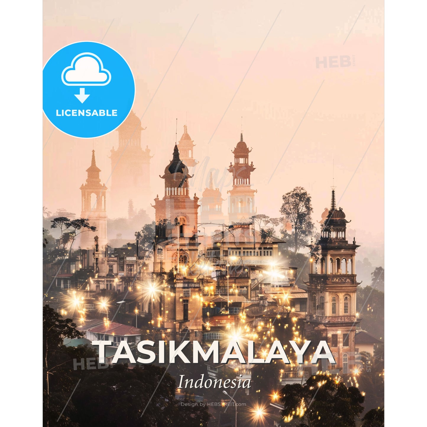 Tasikmalaya Horizons - Shining Beige Beauty - A city with tall buildings and trees - Square format print template