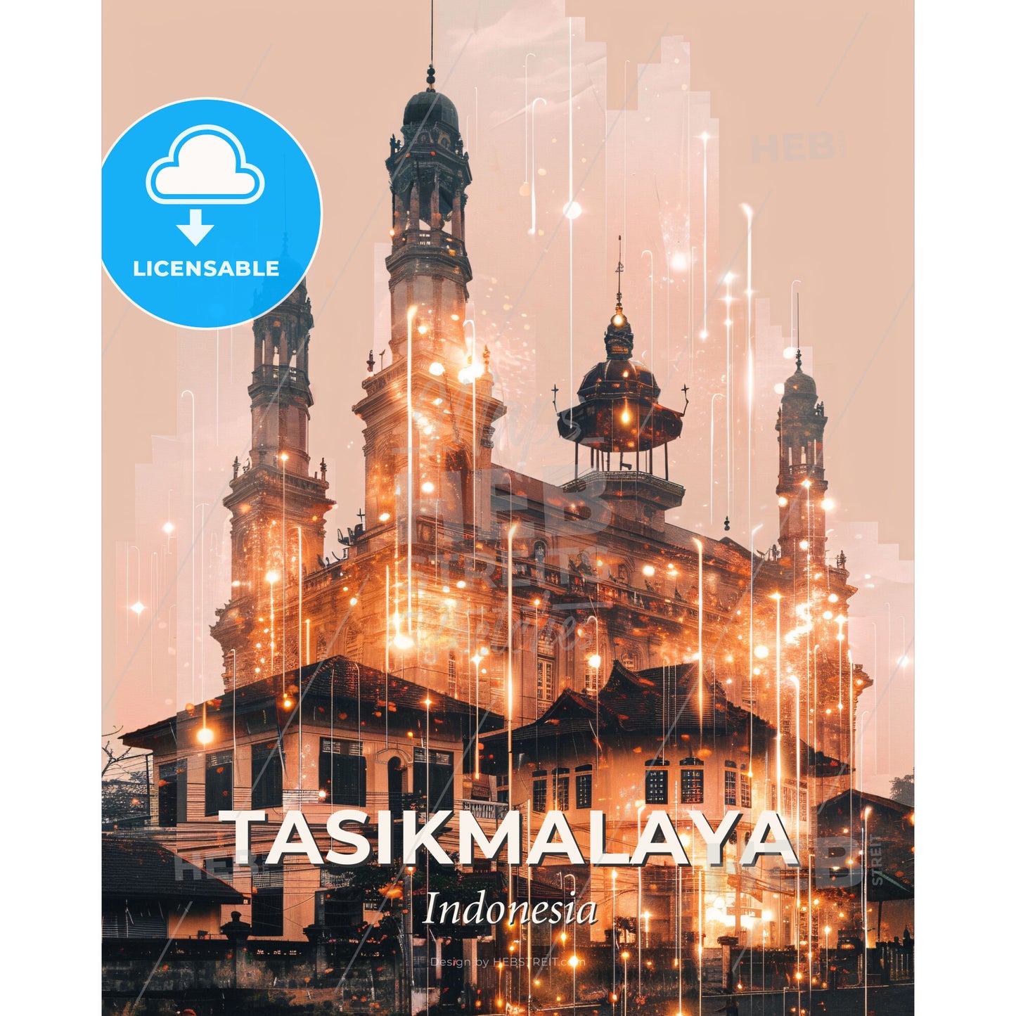 Tasikmalaya Skyline Art: Local Architecture Shimmer - A building with towers and lights - Square format print template